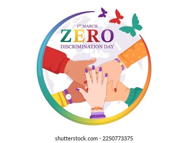 Zero Discrimination Day Illustration with Different People and Different Colors for Landing Page in Cartoon Hand Drawn Butterfly Flying Template