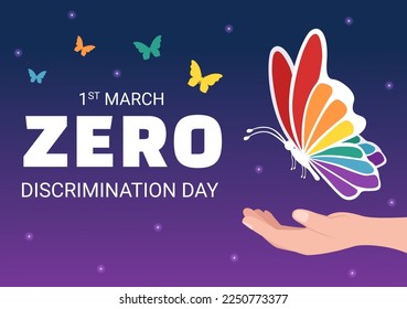 Zero Discrimination Day Illustration with Different People and Different Colors for Landing Page in Cartoon Hand Drawn Butterfly Flying Template
