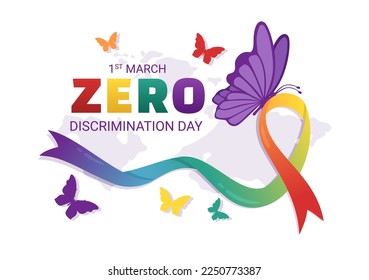 Zero Discrimination Day Illustration with Different People and Different Colors for Landing Page in Cartoon Hand Drawn Butterfly Flying Template