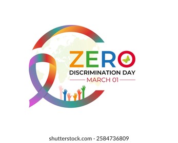 Zero Discrimination Day is observed annually on March 1st to promote equality, inclusion, and the right of everyone to live a full and productive life. Hands and  Multicolored rainbow butterflies fly.