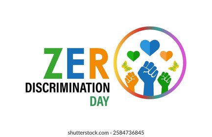 Zero Discrimination Day is observed annually on March 1st to promote equality, inclusion, and the right of everyone to live a full and productive life. Hands and  Multicolored rainbow butterflies fly.