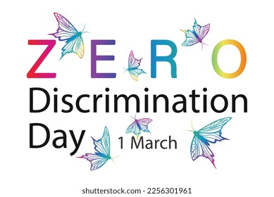 Nulldiskriminierungstag-Poster mit Regenbogenschmetterlingen. Farbige Typografie und Datumssymbol. Horizontaler Hintergrund, Banner-Vorlage. Vektorgrafik