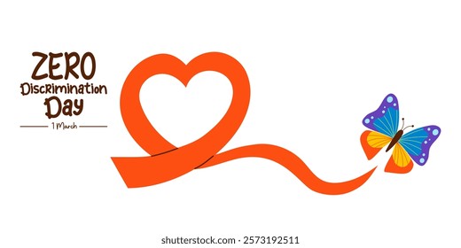 Zero discrimination day. Red ribbon heart and rainbow Butterfly. International holiday 1 march. Vector illustration. Suitable for Greeting Card, festive Poster and Banner