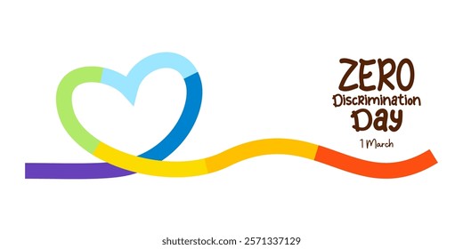 Zero discrimination day. Symbol colorful rainbow heart ribbon. International holiday celebrated on March 1st, advocating for equality and diversity. Vector illustration 