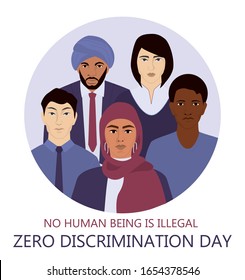 Zero Discrimination Day Web Or Ad Banner. Group Of People Of Different Race, Nationality And Gender. Equal Rights For Emigrant. International Movement Against Discrimination.