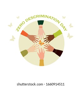 Zero discrimination day web or ad banner. Equal rights for every race, nation, gender and sexuality. Hands of different race and gender. Isolated vector illustration in cartoon style