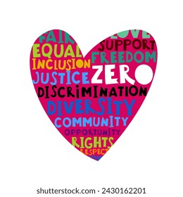 Zero discrimination, human mind and experience diversity concept. Neurodiversity acceptance hand drawn lettering in a heart shape. An inclusive, understanding society. Pop art vector illustration. 