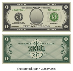 Zero dollars banknote. Gray obverse and green reverse fictional US paper money in style of vintage american cash. Frame with guilloche mesh and bank seals. Liberty