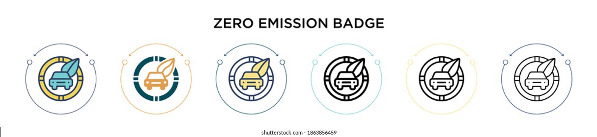 Zero emission badge icon in filled, thin line, outline and stroke style. Vector illustration of two colored and black zero emission badge vector icons designs can be used for mobile, ui, web