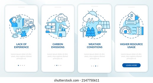 Zero Emission Building Drawbacks Blue Onboarding Mobile App Screen. Walkthrough 4 Steps Graphic Instructions Pages With Linear Concepts. UI, UX, GUI Template. Myriad Pro-Bold, Regular Fonts Used