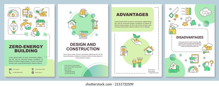 Zero Emission Building Green Brochure Template. Advantages, Drawbacks. Leaflet Design With Linear Icons. 4 Vector Layouts For Presentation, Annual Reports. Arial-Bold, Myriad Pro-Regular Fonts Used