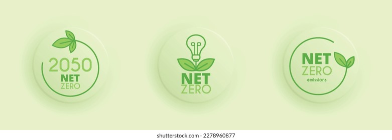 Zero emission by 2050. 3 emblems in green circles. Carbon neutral. Net zero greenhouse gas emissions objective. Climate neutral long term strategy. Vector illustration, flat, clip art.