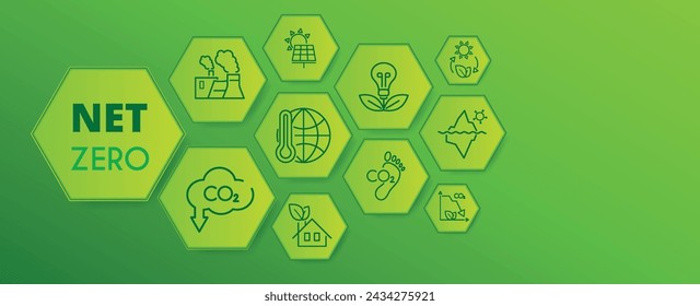 Cero emisiones para 2050 y concepto neutro en carbono. Banner hexagonal sobre fondo verde. Ilustración vectorial. El objetivo es reducir las emisiones de CO2 y los gases de efecto invernadero.