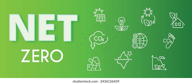 Zero emission by 2050 and carbon neutral concept on green background. Vector illustration. The goal is to reduce CO2 emissions and greenhouse gases