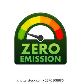 Medidor de nivel de emisiones de CO2 cero, escala de medición. Indicador del velocímetro de cero emisiones de CO2. Ilustración de material vectorial