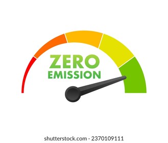 Medidor de nivel de emisiones de CO2 cero, escala de medición. Indicador del velocímetro de cero emisiones de CO2. Ilustración de material vectorial