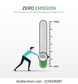 Zero Emission Concept. A Man Turning Gauge Arrow Pointer To Lowest Level Of CO2. New Energy To Decarbonize Industry, Energy And Transportation 