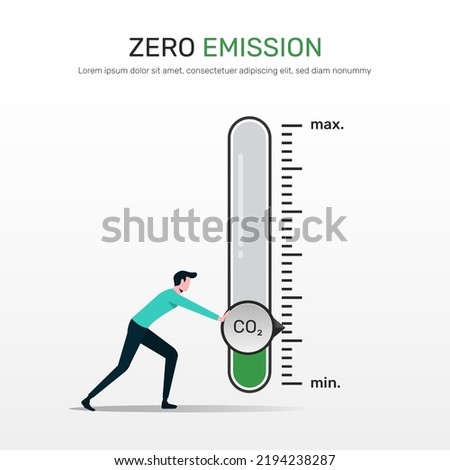 Zero emission concept. A Man turning gauge arrow pointer to lowest level of CO2. New energy to decarbonize industry, energy and transportation 