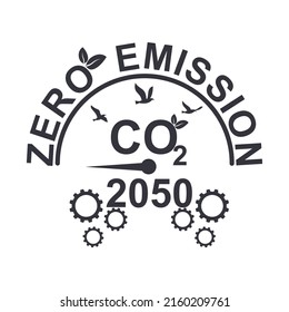 Zero emission - Concept, a net zero greenhouse gas emissions target by 2050 . A climate-neutral long-term strategy No toxic gas. Flat, clip art, vector illustration, gauge arrow set to zero.	
