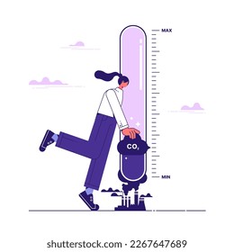 Zero emission concept, woman turning gauge arrow pointer to lowest level of CO2. New energy to decarbonize industry, energy