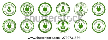Zero emission eco badge collection in green. Round stamps with electric plug and leaf symbols