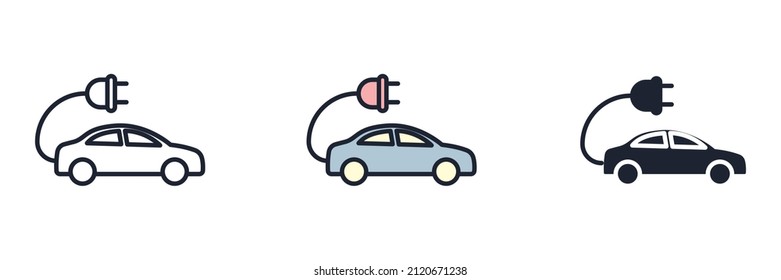 Zero emission. Eco car. Electrical automobile cable contour and plug charging icon symbol template for graphic and web design collection logo vector illustration