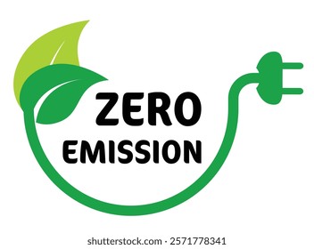 Zero Emission, Green energy symbol with leaves and plug. Sustainable energy solutions for a cleaner future.