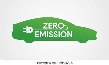 Zero Emission Icon. Electric Car Logo. Green Eco Car With Plug. Environment Protection Technology. Charging Station Sticker. No Fuel Auto. Renewable Energy. Vector Illustration