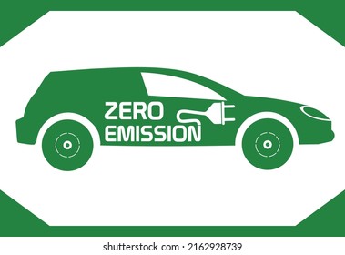 Zero Emission Icon. Electric Car Logo. Green Eco Car With Plug. Environment Protection Technology