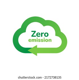 Zero emission label banner flat vector icon isolated on white. Co2 emission reduction, zero footprint, carbon net zero, co2 neutral concept. Green eco friendly cloud shape arrow recycle symbol sign.