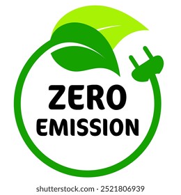 Logotipo com emissão zero, ícone do círculo de cor verde com símbolo de folha e plugue. Ilustração de vetor ecológico para um mundo mais ecológico e sustentabilidade. Rótulo, adesivo, gráfico de conceito de ideia de selo isolado em branco.