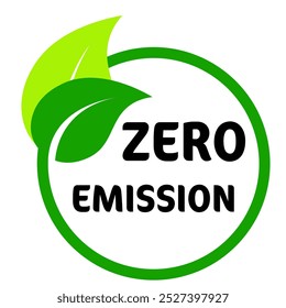 Logotipo com emissão zero, ícone do círculo de cor verde com símbolo de folha. Ilustração de vetor ecológico para um mundo mais ecológico e sustentabilidade. Rótulo, adesivo, gráfico de conceito de ideia de selo isolado em branco.