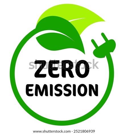 Zero emission logo, green color circle icon with leaf symbol and plug. Eco vector illustration for a greener world and sustainability. Label, sticker, stamp idea concept graphic isolated on white.