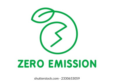 Zero emission symbol, sign, logo. Stylized number zero with a leaf and a lightening bolt. Sustainable lifestyle. CO2 carbon neutral concept. Clean energy. Net zero emissions. Vector illustration. 