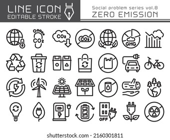 Zero emission vector icon set. Editable line stroke.