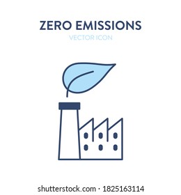Zero emissions factory icon. Vector illustration of a facrory building with a leaf eco symbol. Represents concept of environmental conservation, eco-friendly technology, production without toxic waste