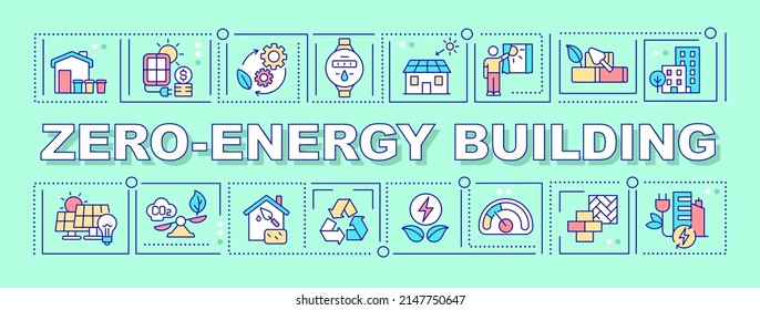 Zero energy building word concepts mint banner. Alternative materials. Infographics with icons on color background. Isolated typography. Vector illustration with text. Arial-Black font used