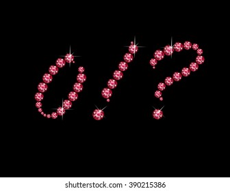 Zero, Exclamation Point and Question Mark in stunning Ruby Script precious round jewels, isolated on black. Vector EPS-10 file, transparency used. 