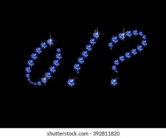 Zero, Exclamation Point and Question Mark in stunning Sapphire Script precious round jewels, isolated on black. Vector EPS-10 file, transparency used. 