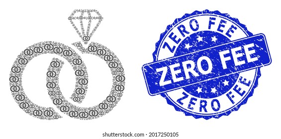 Zero Fee dirty round stamp seal and vector recursive collage jewelry wedding rings. Blue stamp seal contains Zero Fee title inside round shape.
