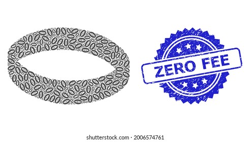 Zero Fee unclean stamp seal and vector recursive composition gold ring. Blue stamp seal has Zero Fee tag inside rosette. Vector mosaic is done with repeating rotated gold ring icons.