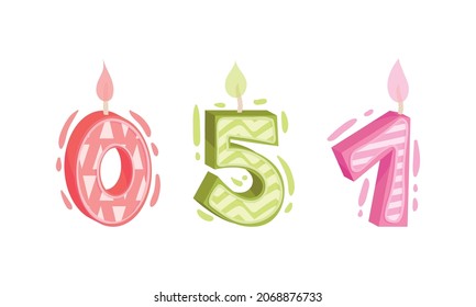 Zero, five, one birthday candles set. Anniversary party candle cartoon vector illustration