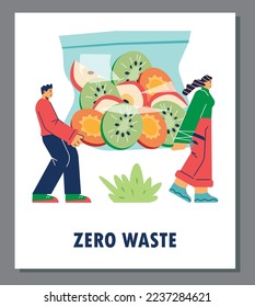 Zero food waste and and right storage of leftovers concept of banner with tiny people carrying huge freeze container, vector illustration isolated on white background.