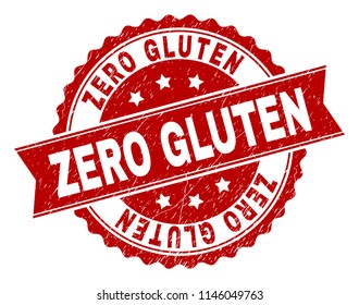 ZERO GLUTEN seal print with corroded surface. Rubber seal imitation has round medal form and contains ribbon. Red vector rubber print of ZERO GLUTEN tag with dirty texture.