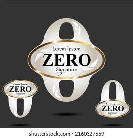Zero; gold and glass framed ellipse centered numeral and word logo for number. Zero letter with zero figure logo design. Golden number names typography design.  Text logo studies for all numbers.