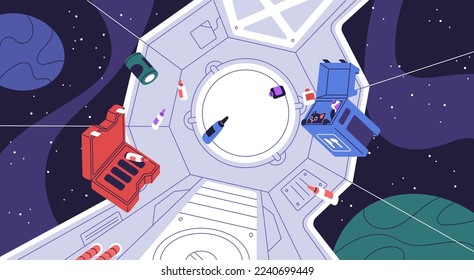 Zero gravity inside space ship, cosmos shuttle. Weightlessness in universe station, spaceship. Studd, bottles, bags, cat flying, floating in mess, chaos in spacecraft. Flat vector illustration
