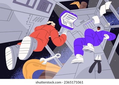 Zero gravity inside spaceship. Shuttle crew flying in weightlessness on International Space Station. Cosmonauts floating with tool in cosmos ship cabine. People in spacecraft. Flat vector illustration
