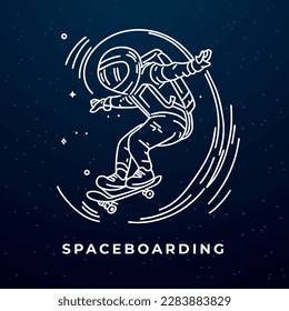 Zero Gravity Thrills. Astronaut Skateboarding in Space. Line drawing of astronaut riding skateboard outer deep space.