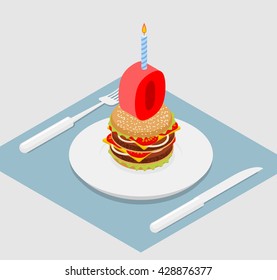  zero holiday burger. null with andle. sandwich anniversary celebration. Festive fast food. Happy birthday
