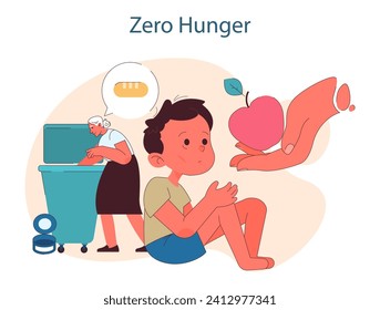 Zero Hunger. Addressing food insecurity and nourishment needs. Global target for better future. Food security and improved nutrition. Flat vector illustration